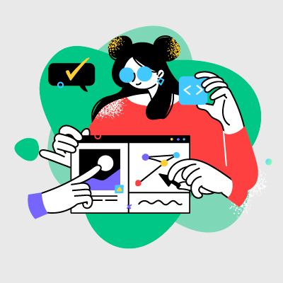 ilustración de una niña con saco rojo sosteniendo un tablero digital