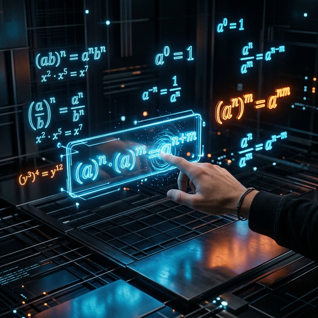 Una mano en primer plano toca una de varias fórmulas algebraicas tridimensionales y brillantes, como (aⁿ)ᵐ = aⁿᵐ, que flotan ordenadas en un fondo digital oscuro. Luces de neón azul y naranja se reflejan sobre superficies metálicas. Estilo realista con enfoque selectivo.