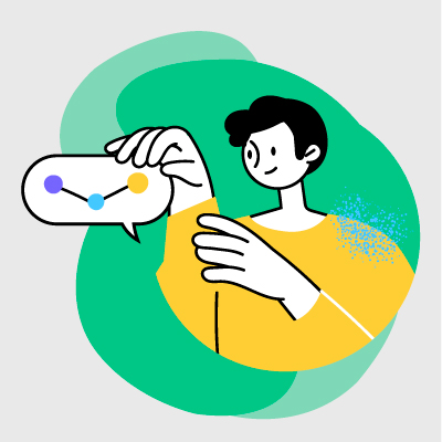 Ilustración de un joven con una nube con datos digitales y la sostiene en la mano