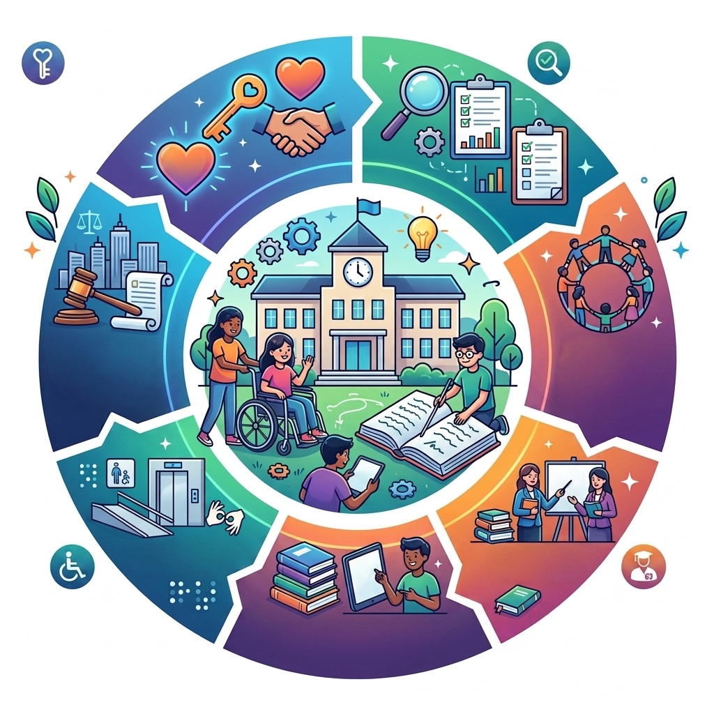 nfografía circular de la escuela inclusiva. Centro: escuela y estudiantes diversos (uno en silla de ruedas, uno con tableta, otro con libro grande). Seis secciones exteriores: colaboración (llave, corazones, apretón), evaluación, comunidad (niños en círculo), enseñanza personalizada, aprendizaje digital y accesibilidad (rampa, ascensor).