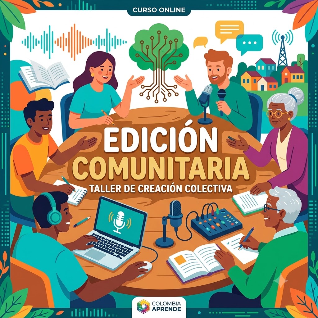 "Ilustración: Texto central 'EDICIÓN COMUNITARIA TALLER DE CREACIÓN COLECTIVA'. Un grupo diverso de personas colabora en una mesa usando micrófonos, una laptop, mezcladora de audio y libretas. De fondo: un árbol-circuito, ondas sonoras, una antena, casas y logo de Colombia Aprende."