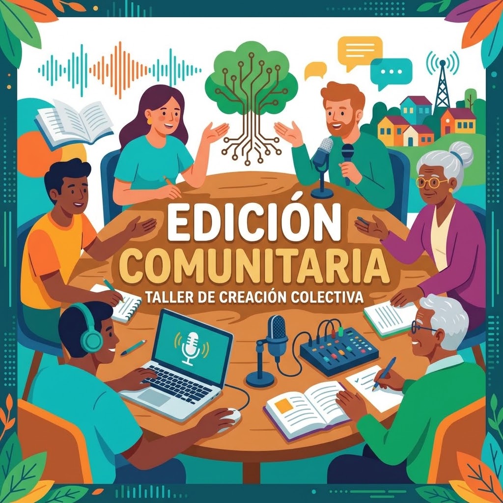 "Ilustración: Texto central 'EDICIÓN COMUNITARIA TALLER DE CREACIÓN COLECTIVA'. Un grupo diverso de personas colabora en una mesa usando micrófonos, una laptop, mezcladora de audio y libretas. De fondo: un árbol-circuito, ondas sonoras, una antena, casas.