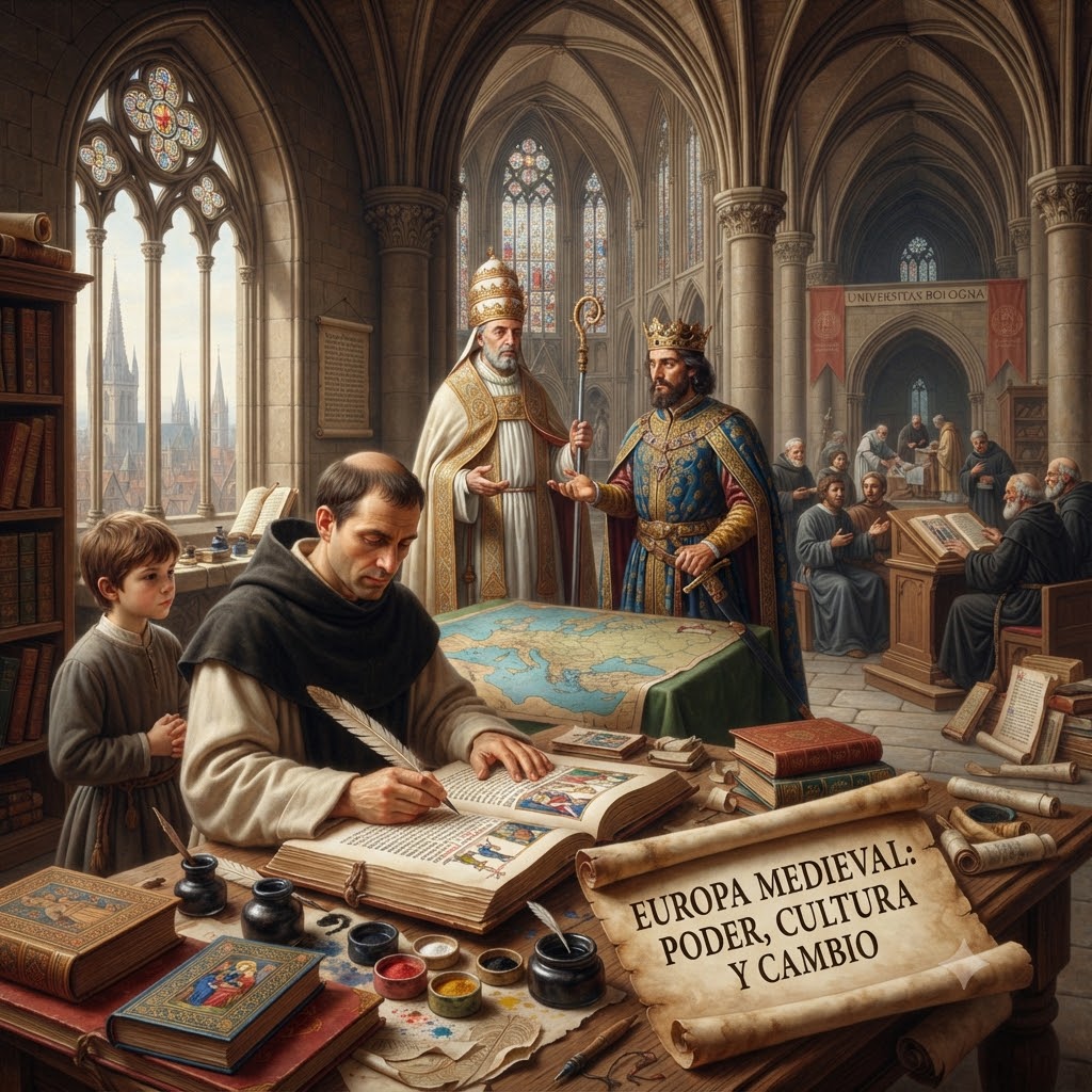 En un scriptorium gótico, un monje escribe un manuscrito iluminado junto a un niño. Detrás, un papa y un rey debaten sobre un mapa de Europa. Al fondo, monjes leen en una biblioteca con un estandarte de "UNIVERSITAS BOLOGNA". Un pergamino lee "EUROPA MEDIEVAL: PODER, CULTURA Y CAMBIO".