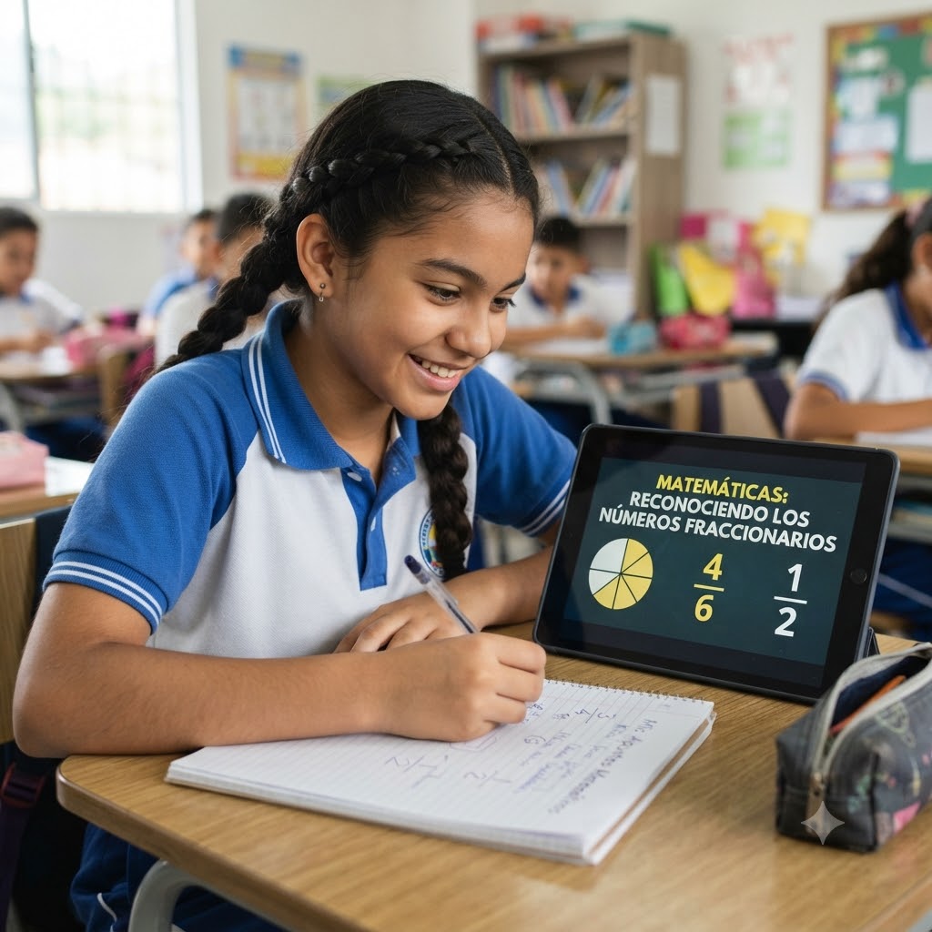 En un aula, una estudiante sonriente con uniforme azul escribe en su cuaderno junto a una tablet. La pantalla muestra el título "MATEMÁTICAS: RECONOCIENDO LOS NÚMEROS FRACCIONARIOS" y gráficos de fracciones: un círculo dividido y los números 4/6 y 1/2. Al fondo hay otros alumnos y un estante.