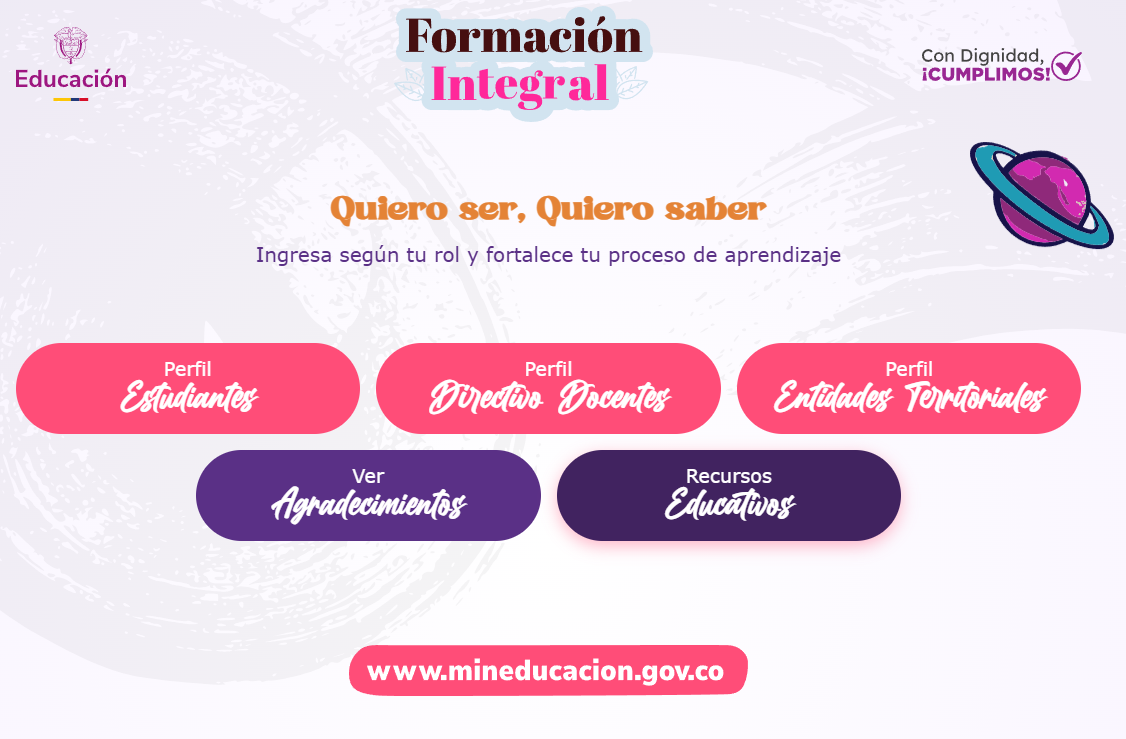 Captura de pantalla del portal Quiero Ser, Quiero Saber. Donde aparecen los accesos para estudiantes, docentes y entidades territoriales. Aparece también el escudo de colombia con el texto educación. Los dos en el costado superior izquierdo