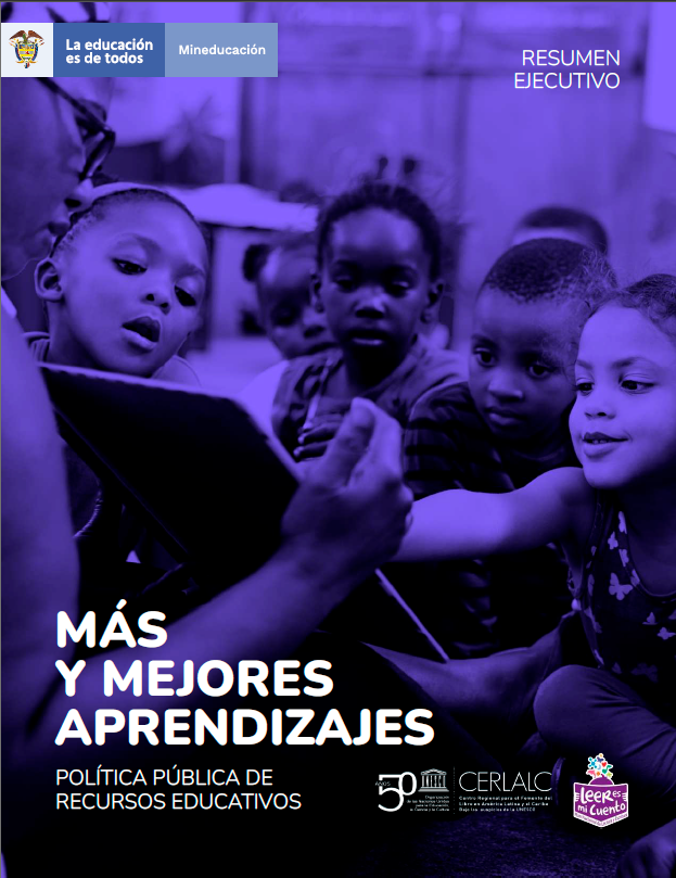 Portada del documento: más y mejores aprendizajes, resumen, donde aparece un grupo de niños y un profesor interactuando con una tablet