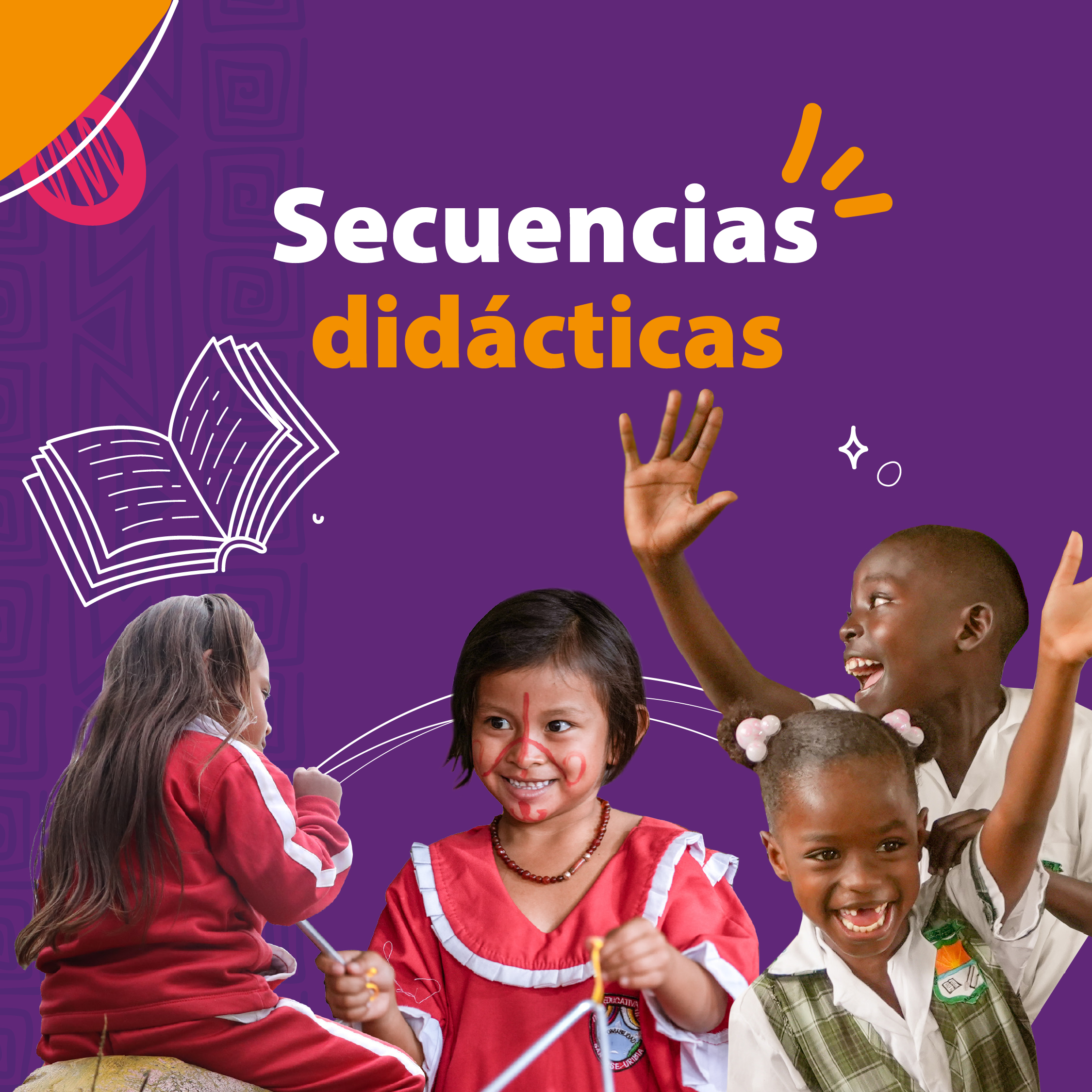 Cuatro niños de diferentes etnias sonriendo, fondo de la imagen morado, un libro abierto y un título que dice: Secuencias didácticas"