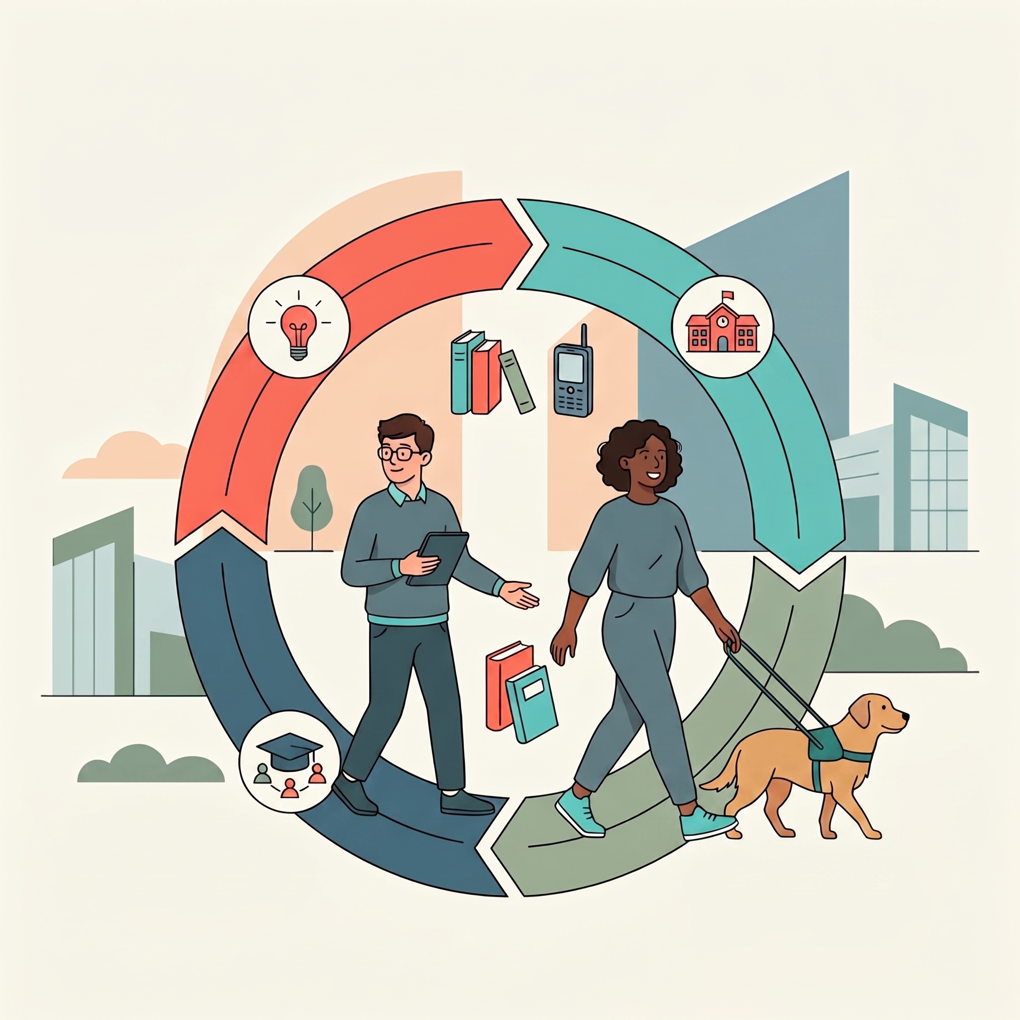 Ilustración circular sobre la educación inclusiva. Dos personas caminan en un ciclo con cuatro fases: 1. Idea (lámpara), 2. Escuela (edificio), 3. Título (birrete) y 4. Graduación (personas). Una mujer lleva un perro guía y un hombre una tablet. Libros y móvil flotan. Fondo con edificios.
