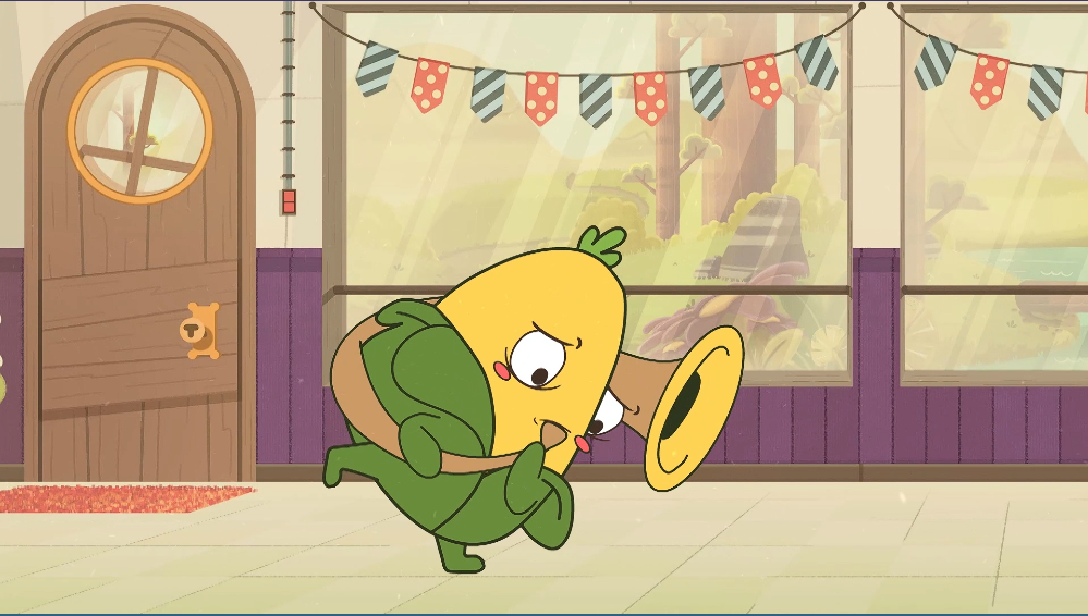 Caricatura de una mazorca tocando un trombón en un salón de clases