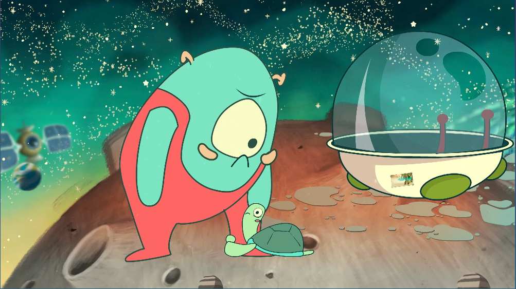 Caricatura de un extraterrestre sobre un planeta de color café, aparece una tortuga abrazando el pie del extraterrestre y a su lado una nave espacial. 