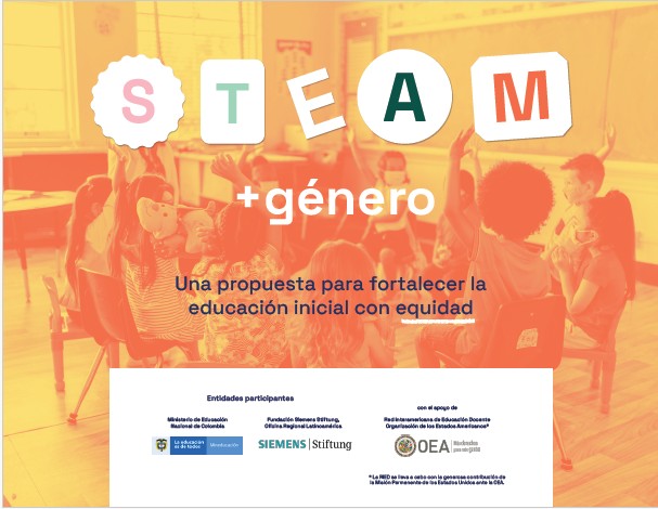 Ilustración de la guía STEAM y género con las letras en mayúsculas S, T, E, A y M 