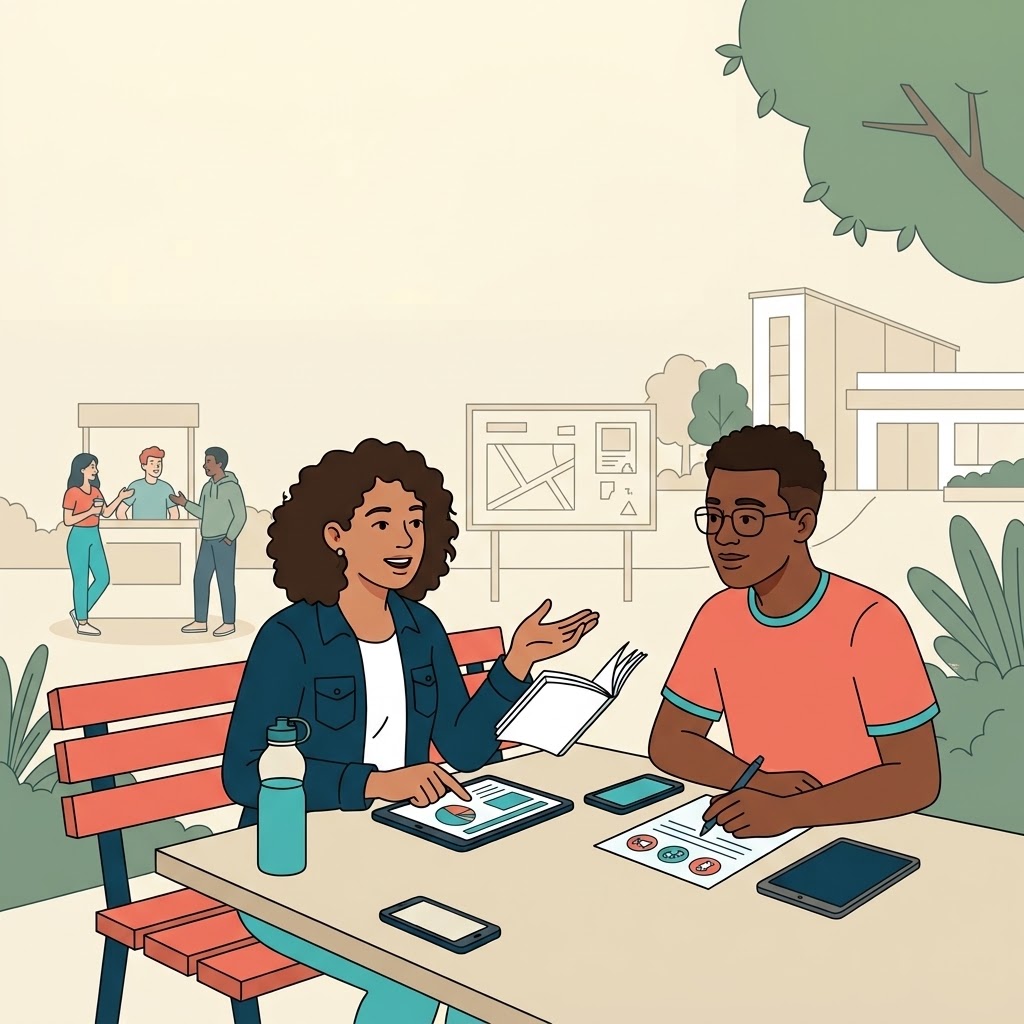 Ilustración plana de una joven y un joven sentados a una mesa en un parque universitario conversando y trabajando con tabletas, móviles y una libreta. Al fondo, se observan carteleras, otras personas conversando y un edificio, rodeados de vegetación y árboles, en tonos suaves.