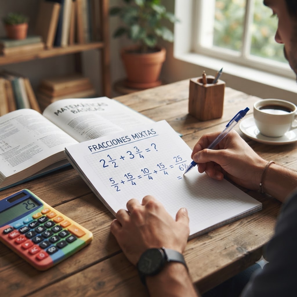 Primer plano cenital de una persona escribiendo en una libreta de cuadrícula sobre una mesa de madera. Se observa la resolución de una suma de fracciones mixtas. A la izquierda hay una calculadora colorida y un libro abierto de "Matemáticas Básicas". Al fondo, una ventana, plantas y una taza de café.