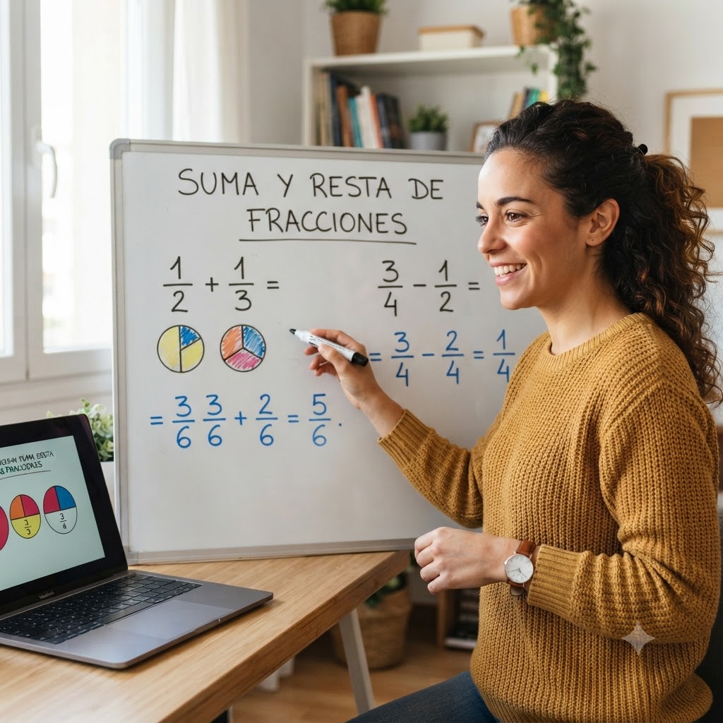 Una tutora sonriente con suéter mostaza escribe en una pizarra blanca. Ecuaciones matemáticas sobre suma y resta de fracciones son visibles, junto con diagramas circulares de colores. Un portátil en el escritorio muestra los mismos gráficos. Fondo de estanterías luminosas.