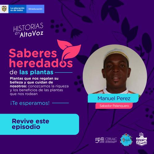 Banner morado de "Historias en AltaVoz" titulado "Saberes heredados de las plantas". Incluye foto de Manuel Perez, "Sabedor Palenquero", breve texto sobre los beneficios de las plantas, un botón que dice "Revive este episodio" y logos institucionales de Mineducación.