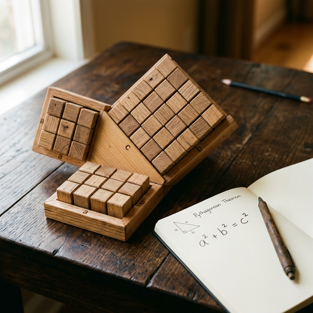 Modelo de madera sobre un escritorio que ilustra el Teorema de Pitágoras con un triángulo rectángulo y cuadrados construidos sobre sus lados. Al lado, una libreta abierta muestra la fórmula matemática a² + b² = c² manuscrita. Luz cálida y enfoque en primer plano.