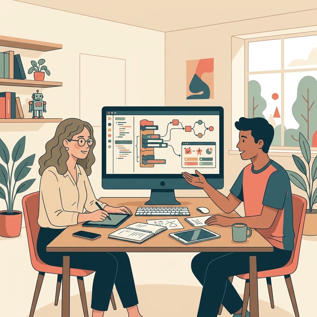 Ilustración plana de una docente con tableta gráfica y un joven conversando ante un gran ordenador que muestra bloques de código visual y diagramas. Sobre la mesa hay libretas, tableta y café. De fondo, estanterías con libros, un pequeño robot, plantas y una ventana.