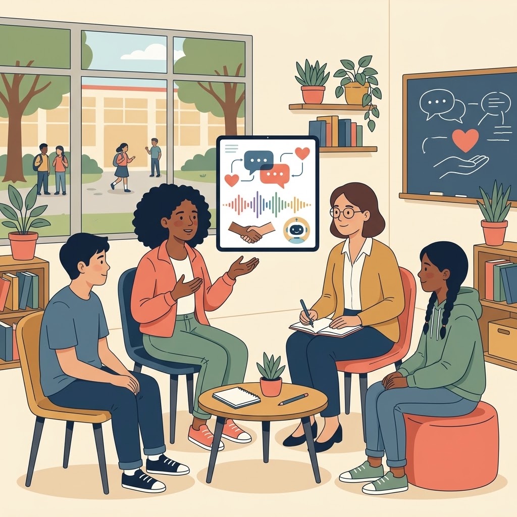 Ilustración plana de un grupo de jóvenes en círculo conversando en un aula con una mediadora que toma notas. En medio, una pantalla muestra iconos de diálogo, afecto y un robot (IA). Al fondo, una ventana con estudiantes, estanterías, plantas y una pizarra con dibujos de empatía.