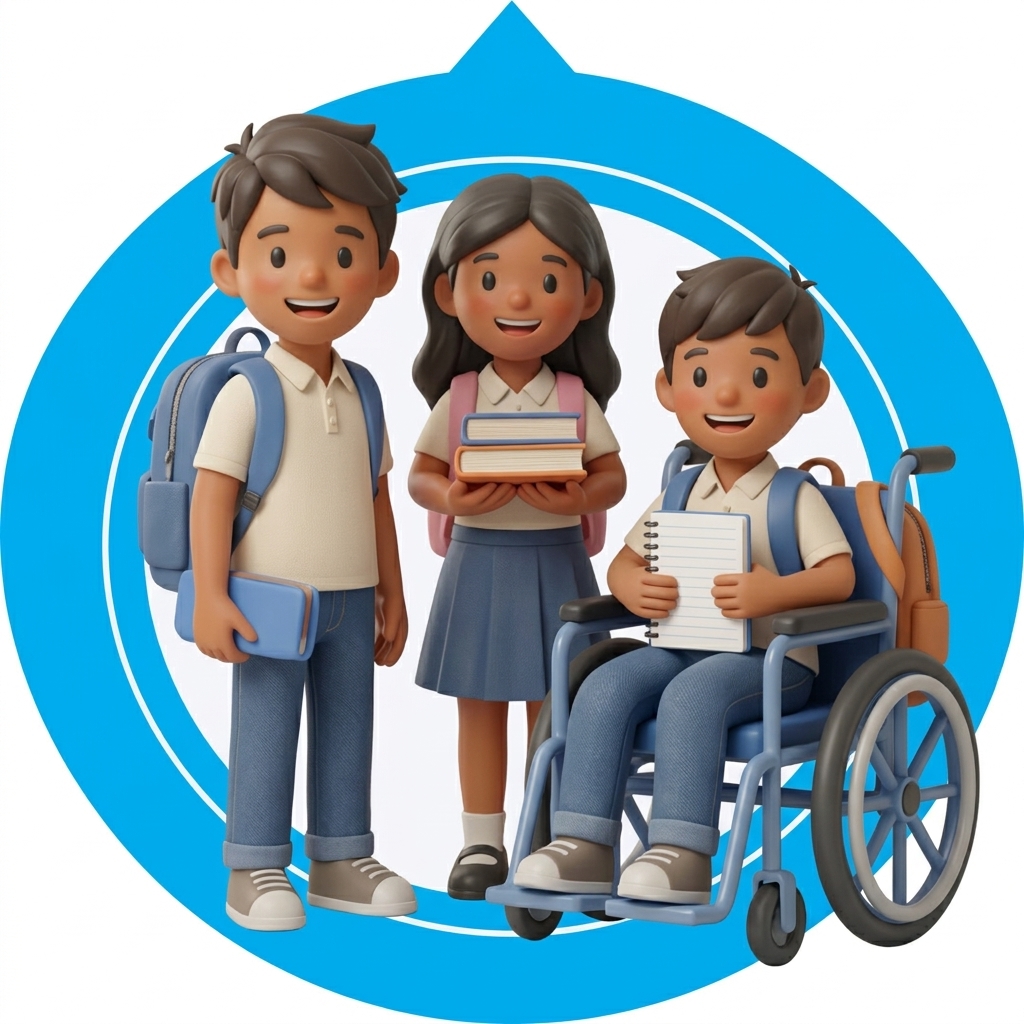 Tres estudiantes de dibujos animados, dos de pie y uno en silla de ruedas, sonriendo y sosteniendo libros. Llevan uniformes escolares y mochilas. Hay un círculo azul grande detrás de ellos.