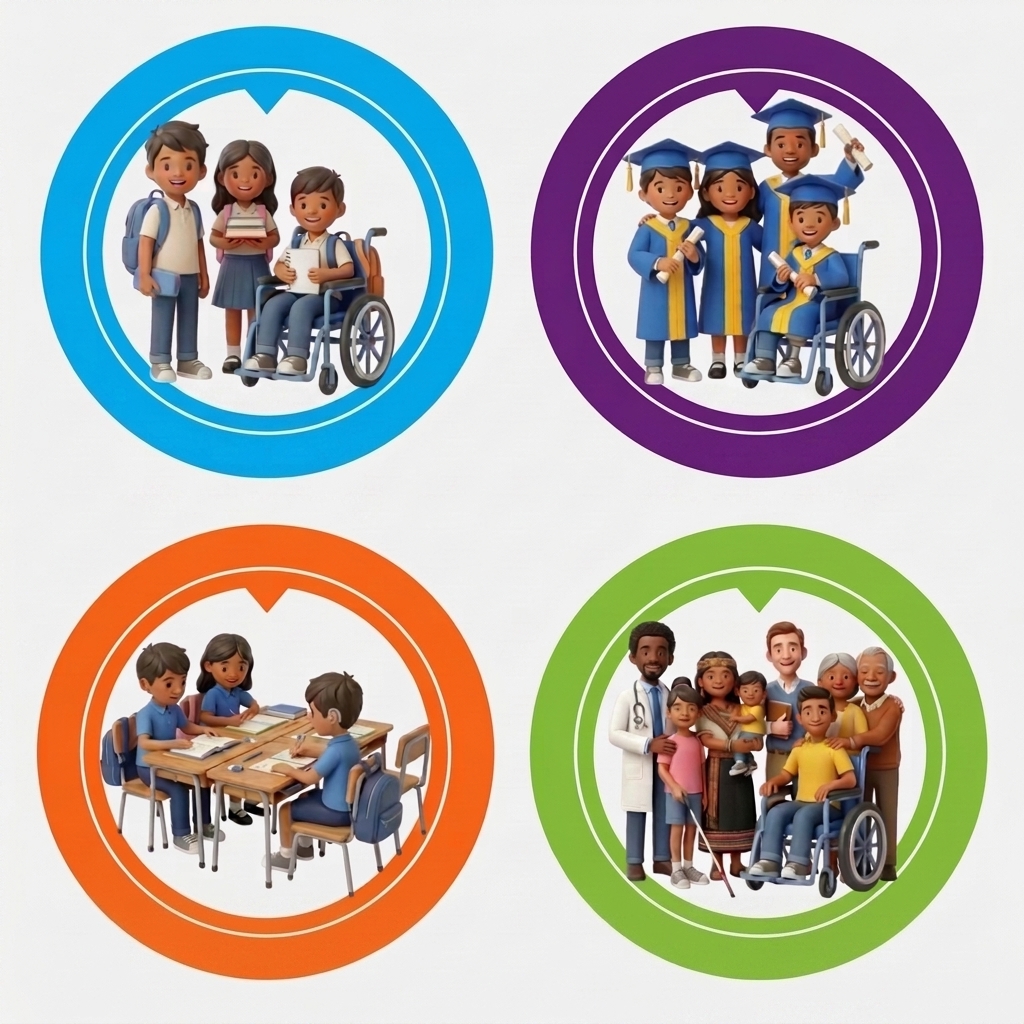 Cuatro iconos circulares de dibujos animados: arriba a la izquierda, estudiantes de secundaria (uno en silla de ruedas); arriba a la derecha, graduados (uno en silla de ruedas); abajo a la izquierda, estudiantes en un aula (uno con audífono); abajo a la derecha, familia y médico (uno en silla de ruedas, uno invidente).