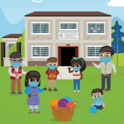 Ilustración niños y niñas sosteniendo hilos que salen desde una canasta. Detrás se ve institución educativa