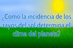 ¿Cómo determinan el clima del planeta los rayos del sol? Imagen ilustrada, de fondo un paisaje, en la parte de arriba hay un cielo azul con un sol, y en la parte de abajo un prado con pasto. En la capa frontal tiene el texto ¿Cómo la incidencia de los rayos del sol determina el clima del planeta?