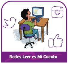 Ilustración de un joven frente a un computador, a los lados hay símbolos de algunas redes sociales como twitter, facebook e instagram
