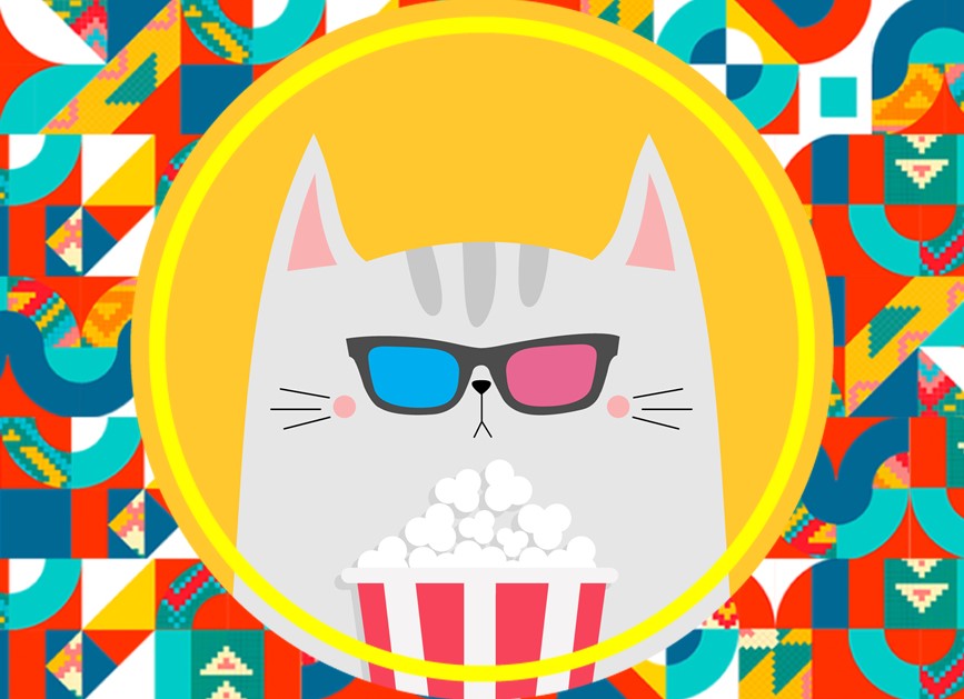 Ilustración de un gato con crispetas con gafas 3D