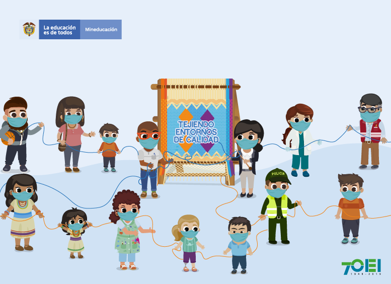 Ilustración niños, niñas, docentes, familia enlazados con cuerda y tablero que dice Tejiendo Entornos de Calidad