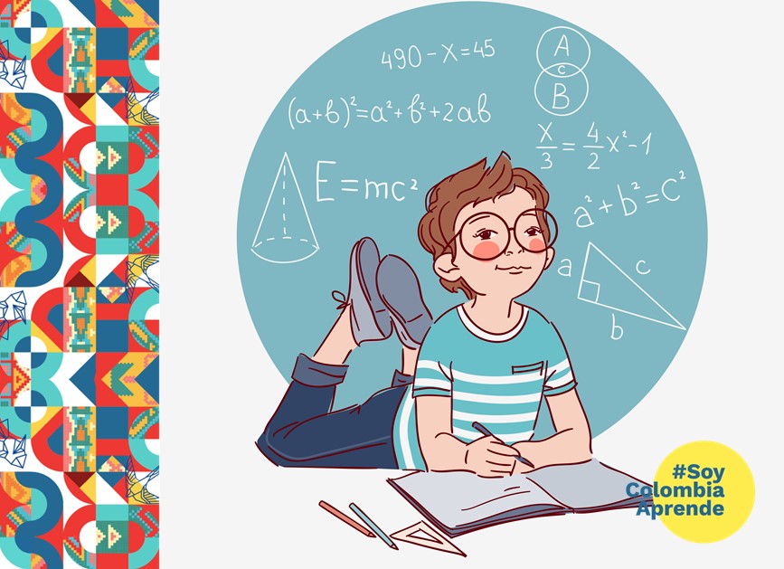 Ilustración de niño con cuadernos y fórmulas matemáticas alrededor de él