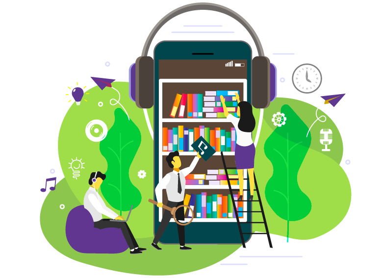 Ilustración celular con audífonos, biblioteca en el celular y tres personas trabajando alrededor de él