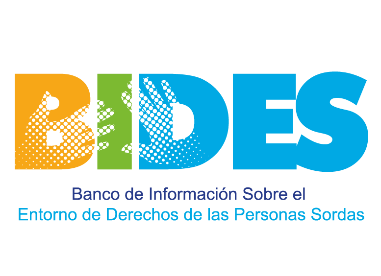 imagen en fondo blanco se lee bides en letras de color amarillo, verde y azul. Se ven las siluetas de ujna manos hechas con una sucesión de puntos azules, que hacen alusión al lenguaje de señas