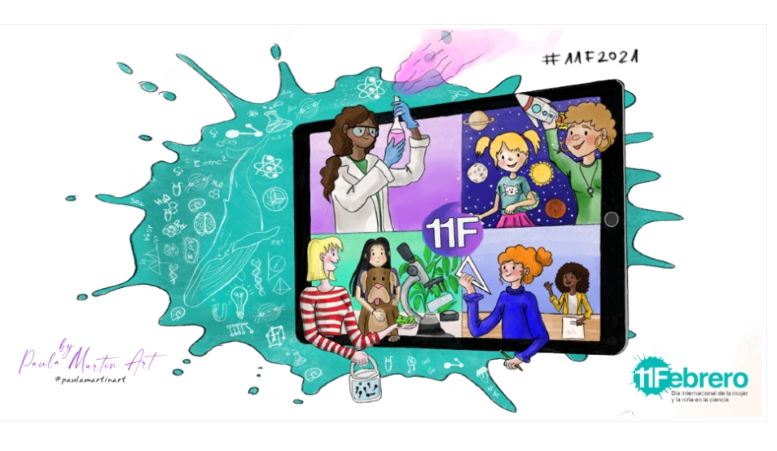 Ilustración de una tablet en la que hay varias niñas con experimentos