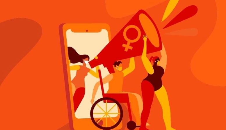 Ilustración en fondo rojo que muestra a tres mujeres, una en silla de ruedas y con un megáfono que tienen el símbolo de feminidad