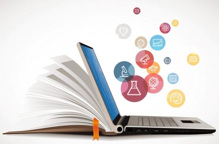 Imagen en la que se ve un libro abierto, dle que se desprende un portátil y del portátil íconos de diversas áreas del conocimiento en muchos colores