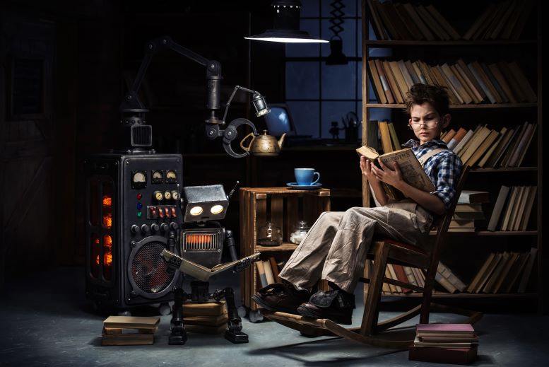 Niño y robot leen libros en una habitación semioscura y con robótica