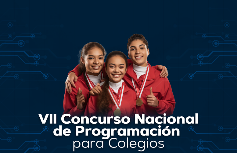 Dos niñas y un muchacho con uniforme de colegio con medallas de ganadores, Letrero debajo " VII Concurso Nacional de Programación para colegios"
