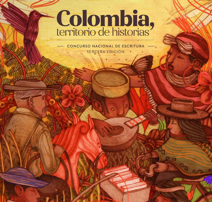 Dibujo de personas de diversas etnias, con libros, caballo, pájaro, flores y el título Colombia, territorio de historias