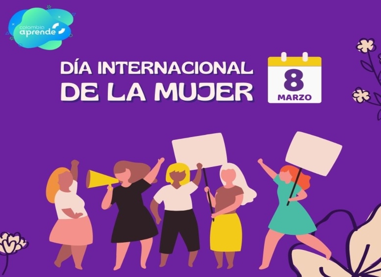Dibujo de cinco mujeres con carteles y altavoz y la leyenda Dia Internacional de la Mujer, 8 de marzo