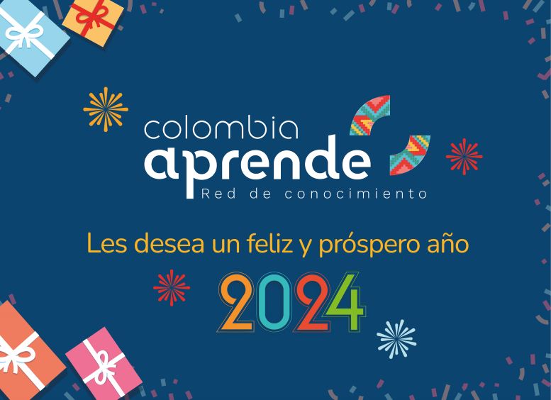 Imagen en fondo azul con la leyenda y el logo que dice Colombia Aprende Red de Conocimiento les desea un próspero y feliz año 2024