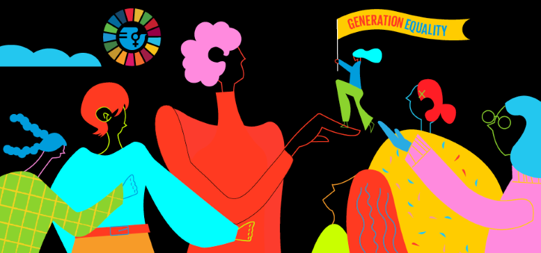Ilustración de  siluetas de mujeres en diferentes colores sobre fondo negro