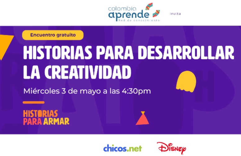 Texto en fondo morado con la leyenda Historias para desarrollar la creatividad. Encuentro gratuito. miercoles 3 de mayo, 4.30 pm. Historias para armar.