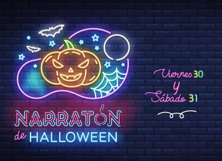 imagen de una pared negra en ladrillo, iluminada por un letrero de neón que dice narratón de hallowen