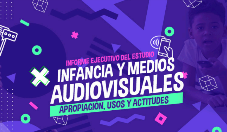 imagen en fondo azul y letras blancas que dicen infancia y medios audiovisuales