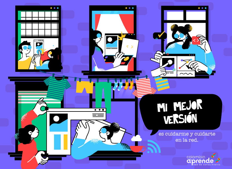 Ilustración con personajes asomados en las ventanas y haciendo uso de dispositivos electrónicos. Mi mejor versión es cuidarme y cuidarte en la red 