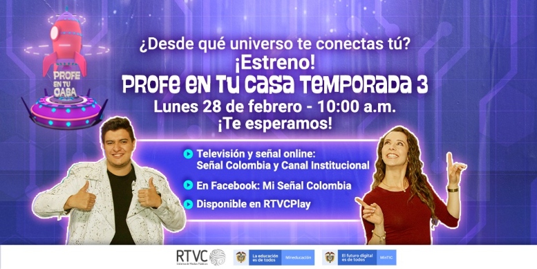 Imagen de los presentadores de Profe en tu casa, anunciando el programa del 28 de febrero a las 10 de la mañana.