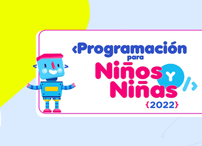 Dibujo de un robot con  la frase "programación para niños y niñas 2022"