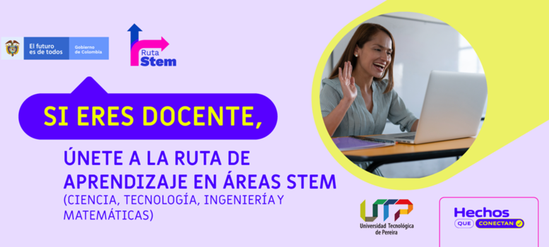 Ecard Ruta STEM con logo Ministerio TIC y fotografía de una docente frente a un computador