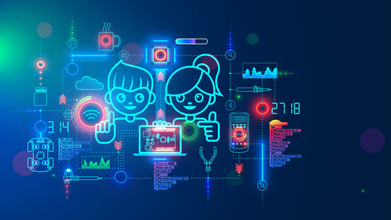 Dibujo representativo de codificación con niños y niñas en computador portátil, en la escuela en línea, para educación infantil y creación de robots electrónicos