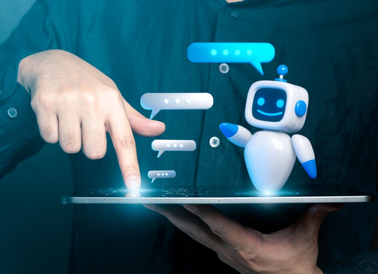 Mano de una persona que interactúa con un chatbot de IA en una tableta